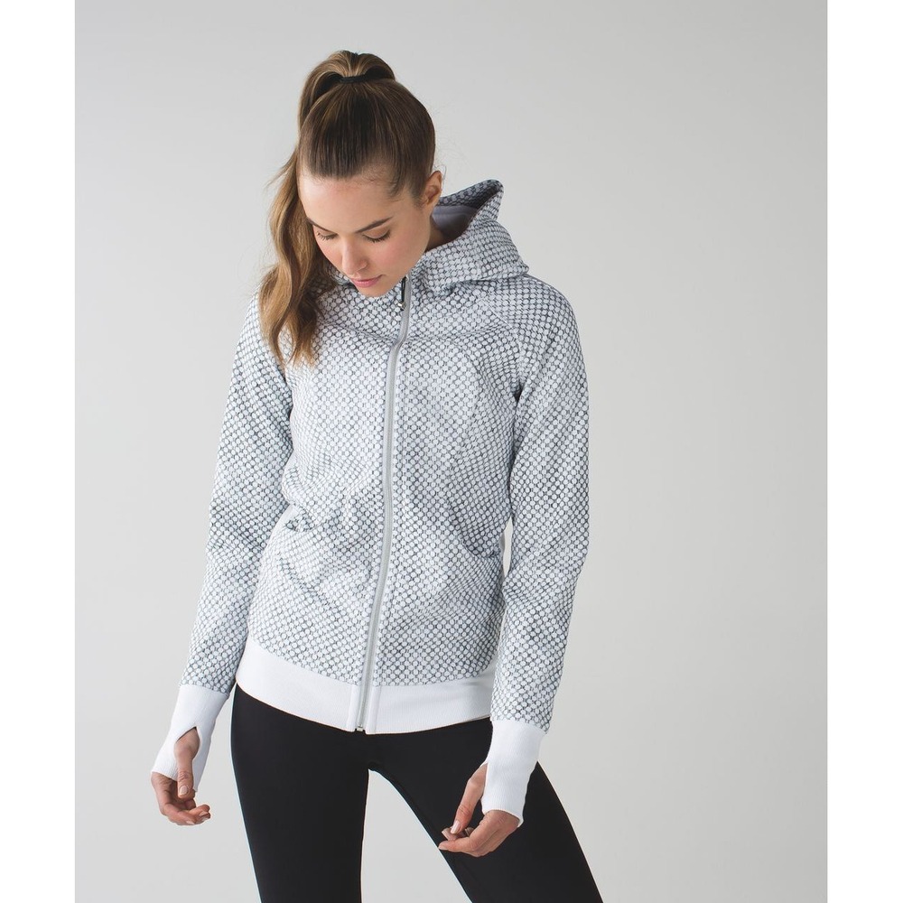 Lululemon Scuba Hoodie Women Size 6 White Black Textured Dot Full Zip Thumbholes